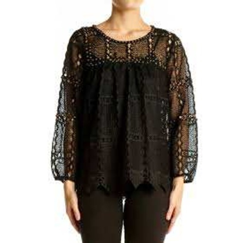 Maeve Anthropologie Black AURALIS Gold Stud Crochet Blouse LARGE Whimsigoth